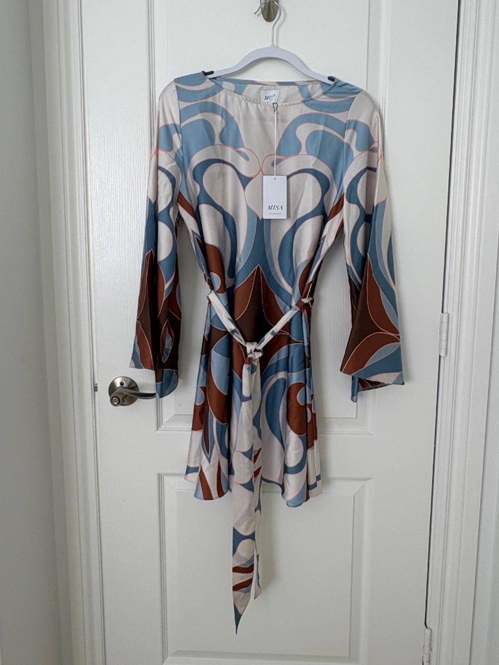 🩵 MISA Los Angeles NWT Twiggy Dress M Swans Blue Brown Mini